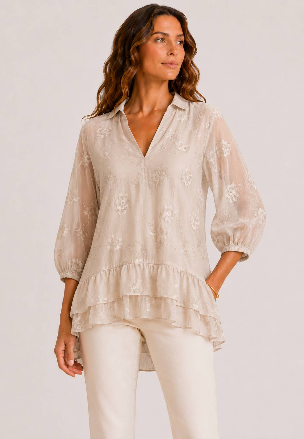 MINERVA - Blusa Over A Fiori Beige