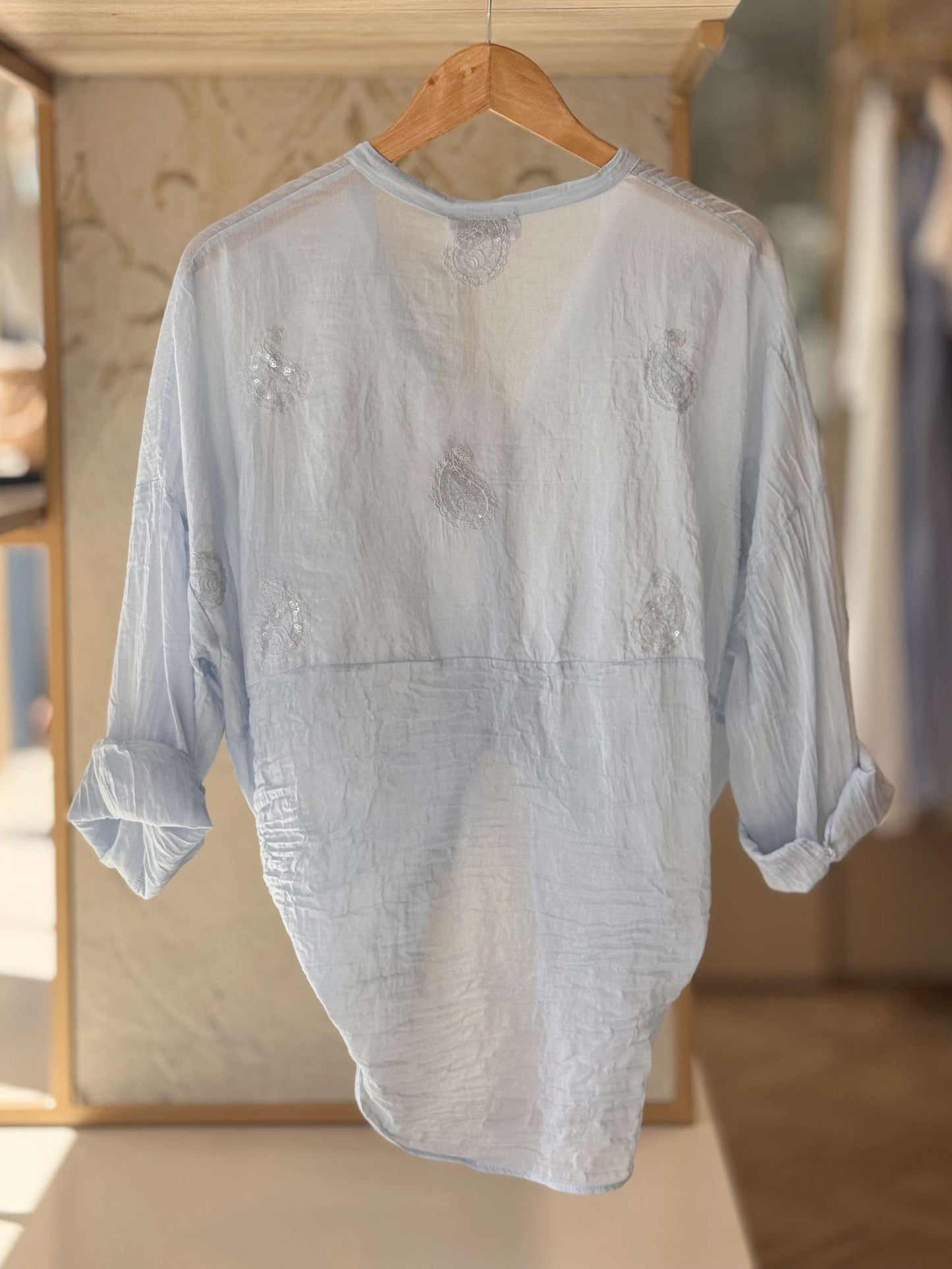MOTEL - Camicia Ricamo Paillettes Celeste