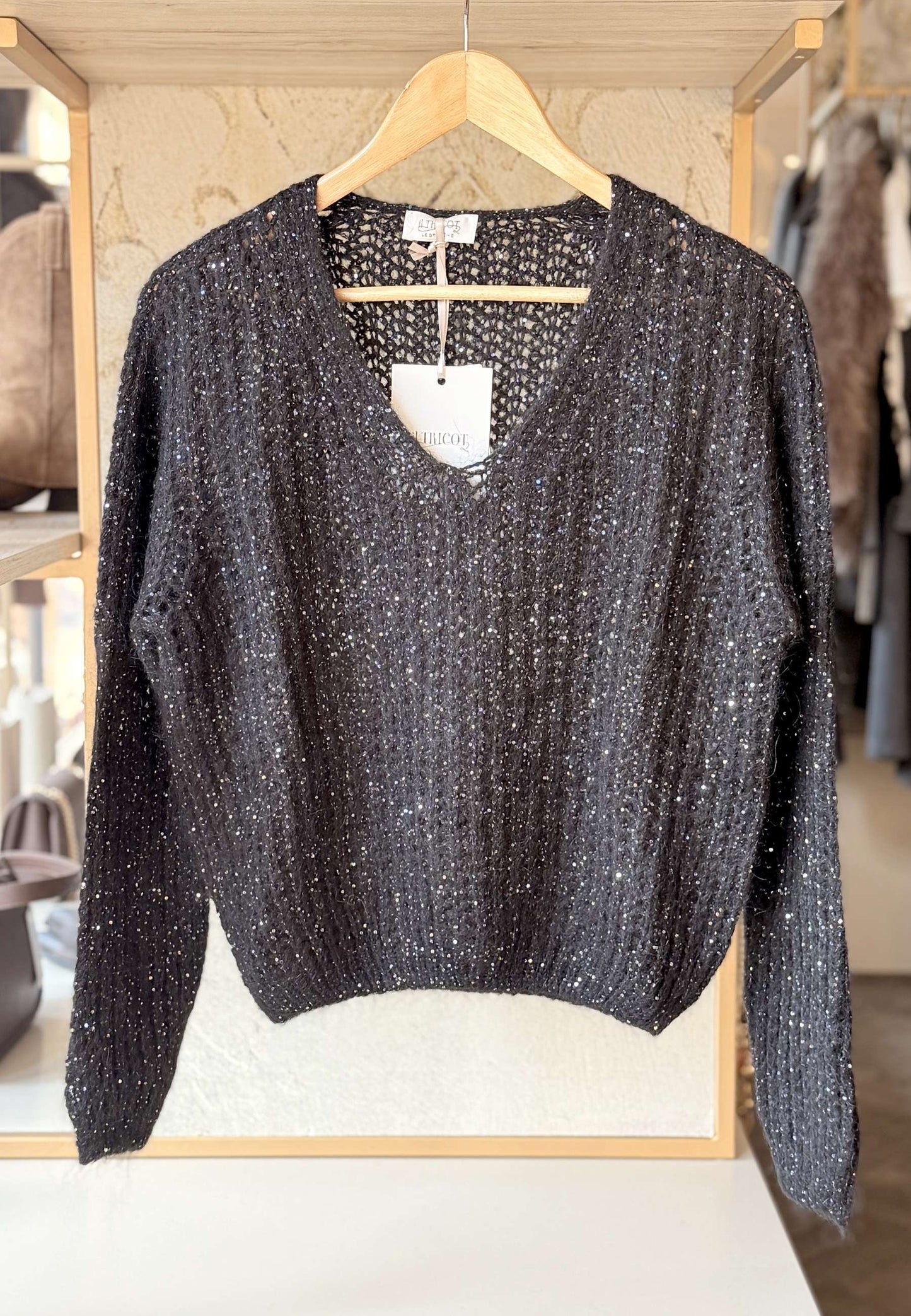 LE STREGHE - Maglioncino Crop Con Paillettes Nero