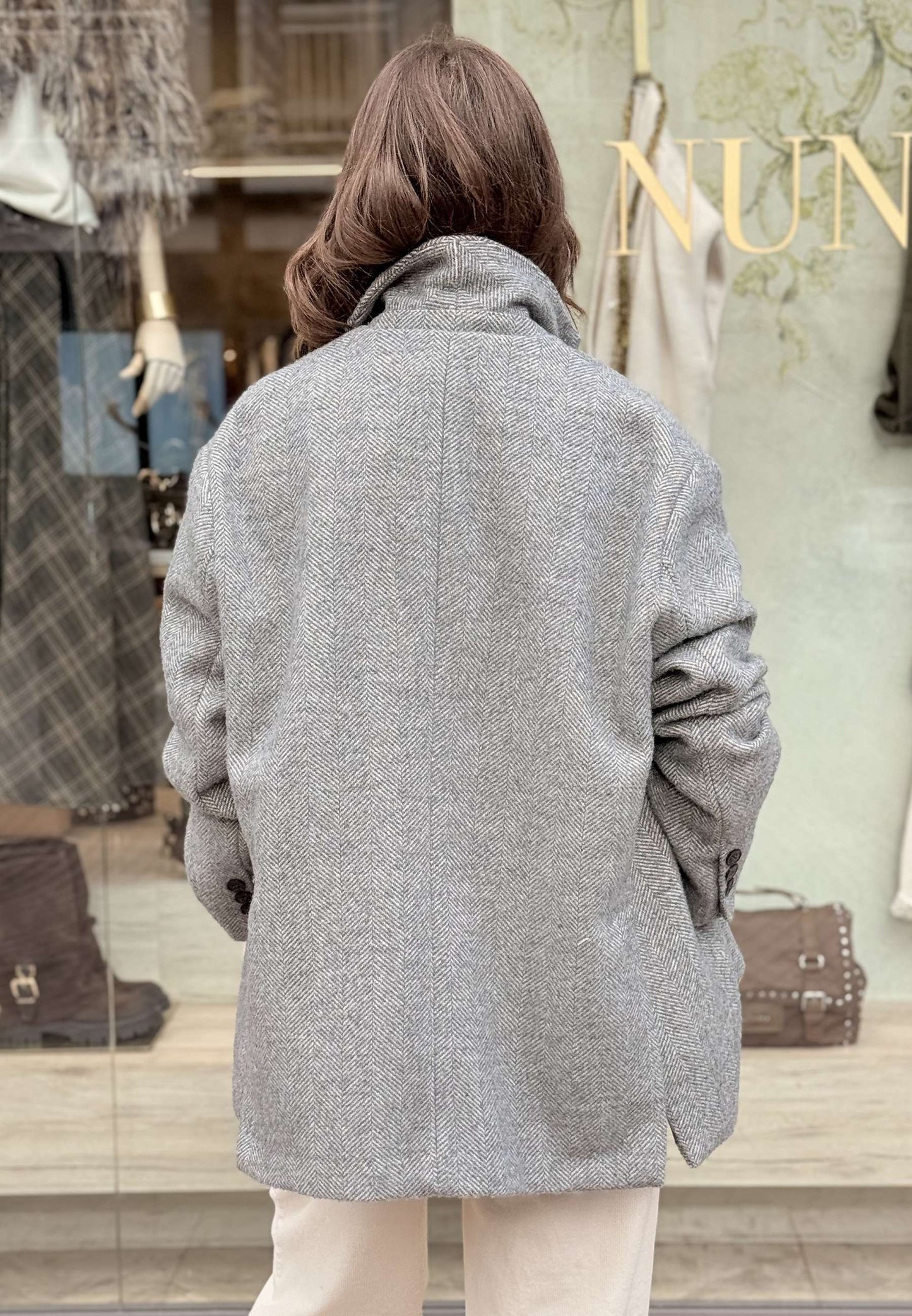 MARYLEY - Cappotto Corto Spinato Grigio