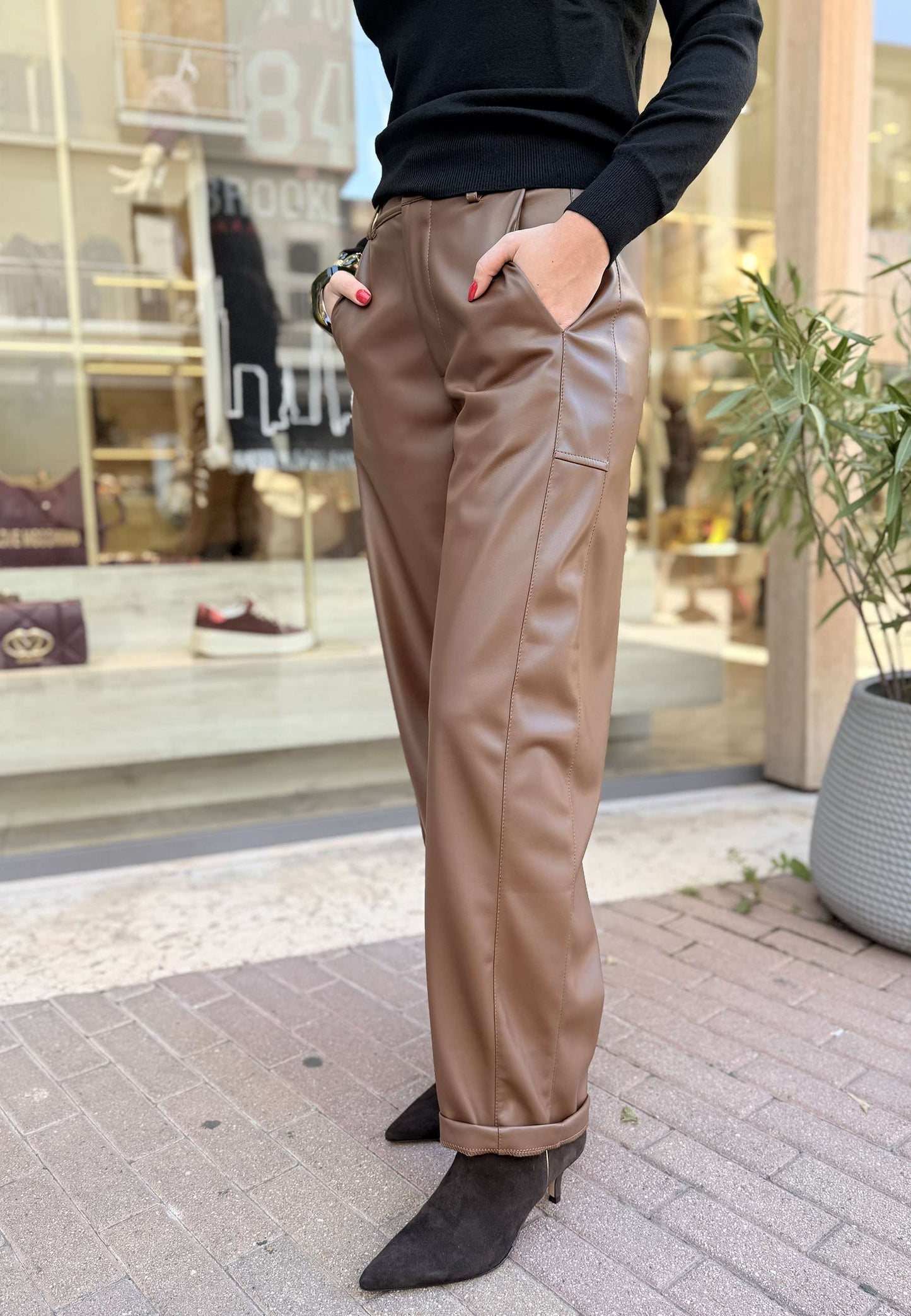 LE STREGHE - Pantalone In Ecopelle Mocha