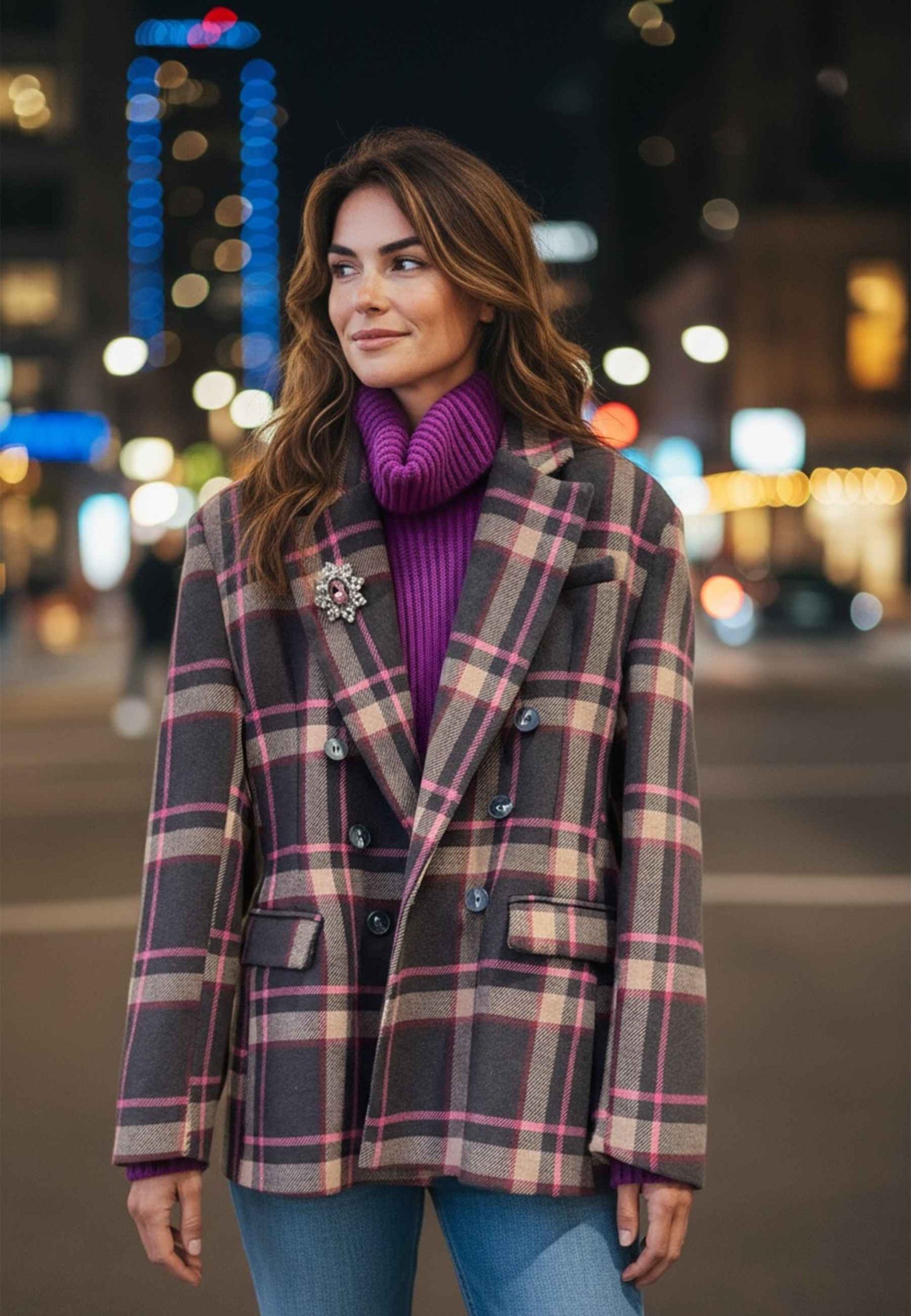 MOTEL - Blazer Check E Spilla Fuxia Marrone