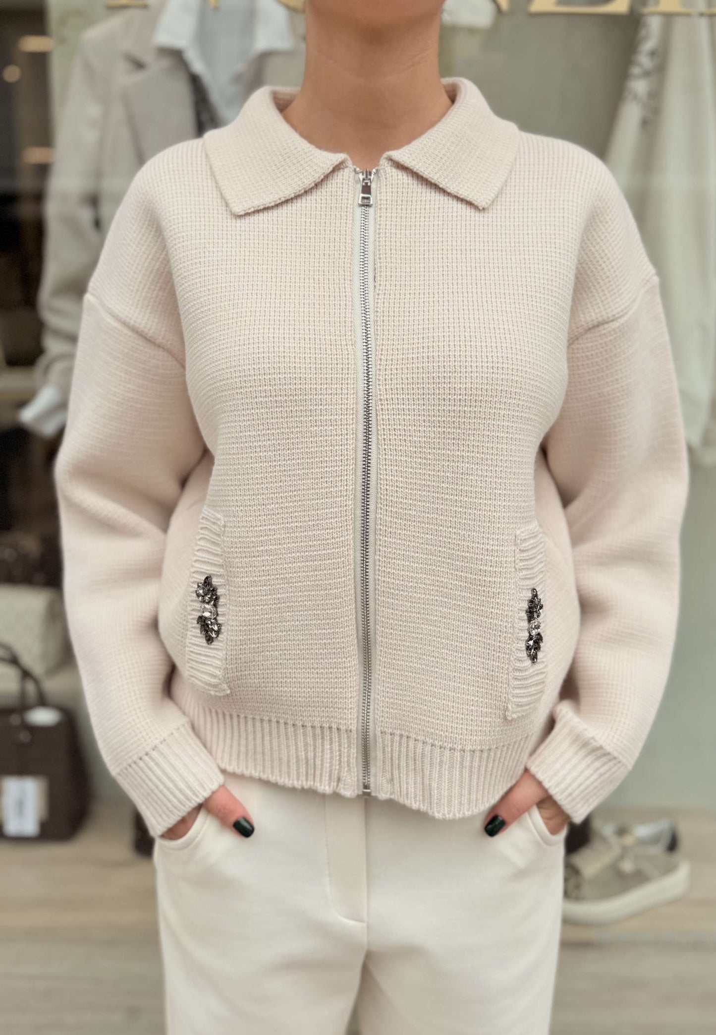 MOTEL - Giacchina In Maglia E Strass Panna