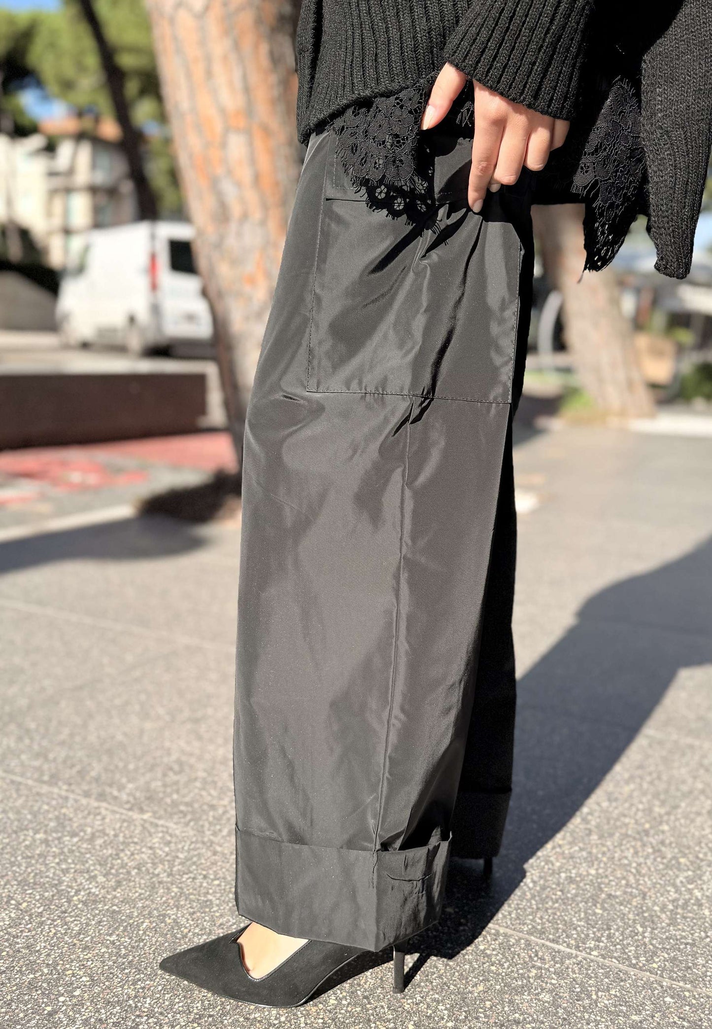 LE STREGHE - Pantalone Cargo In Taffetà Nero