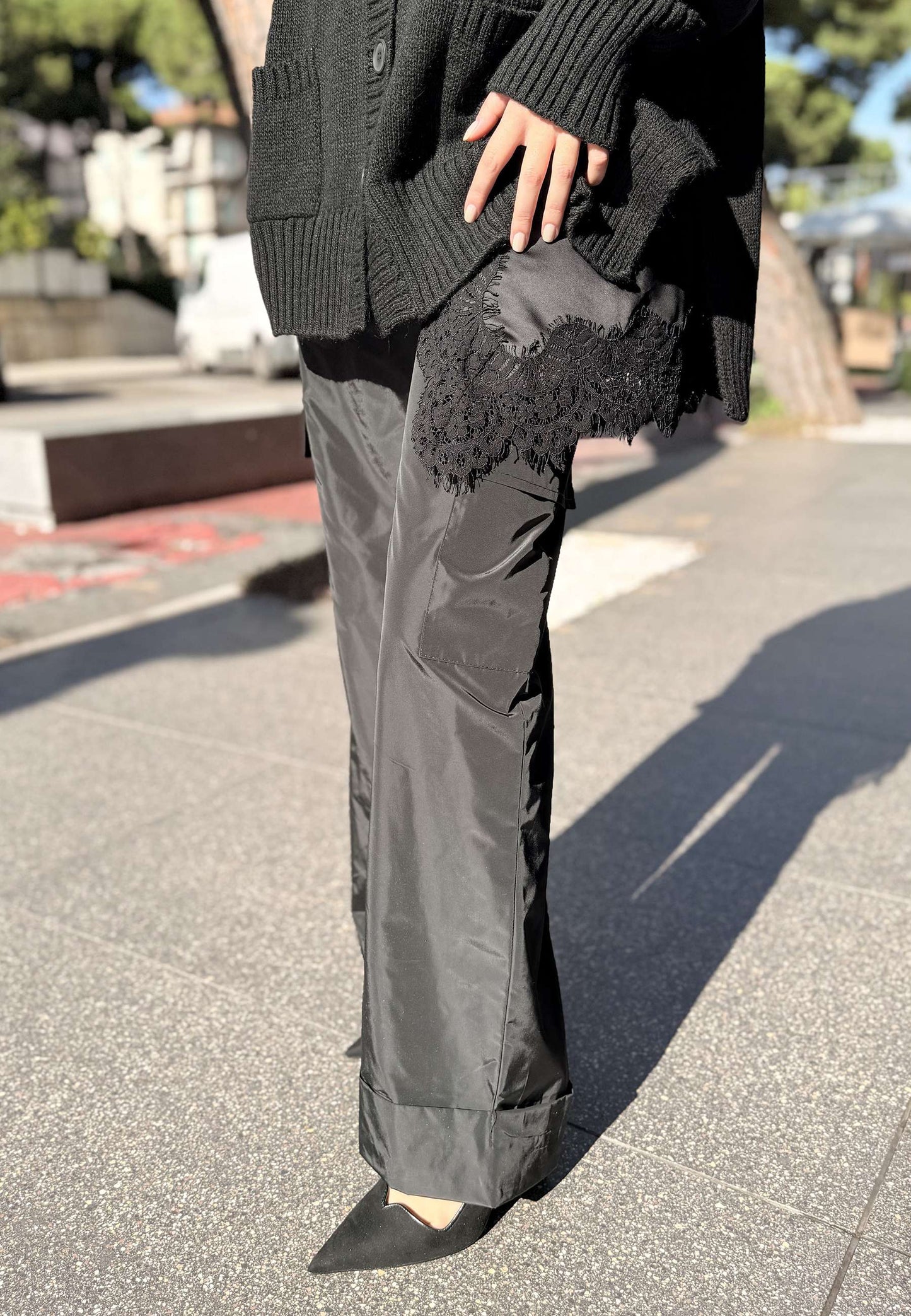 LE STREGHE - Pantalone Cargo In Taffetà Nero