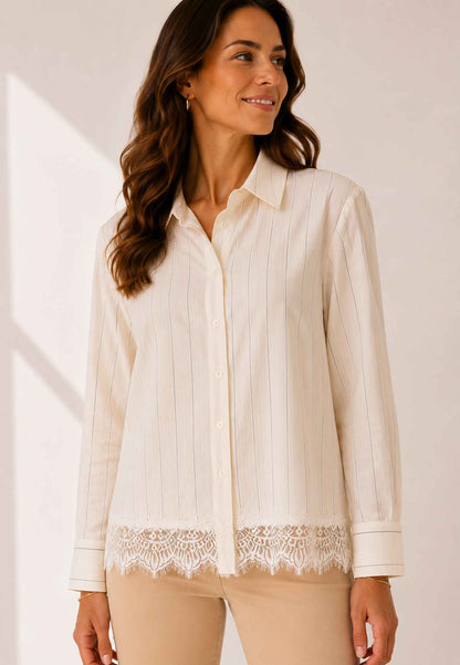 MINERVA - Camicia Rigata E Pizzo Beige