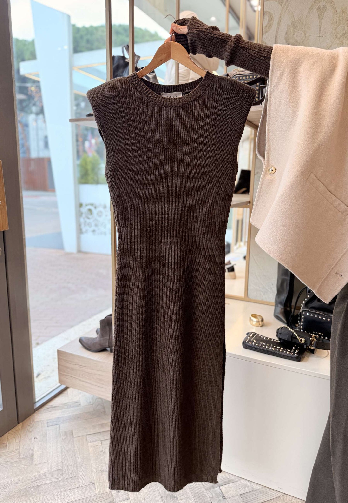 MARYLEY - Abito Lungo In Maglia + Manicotti Moro