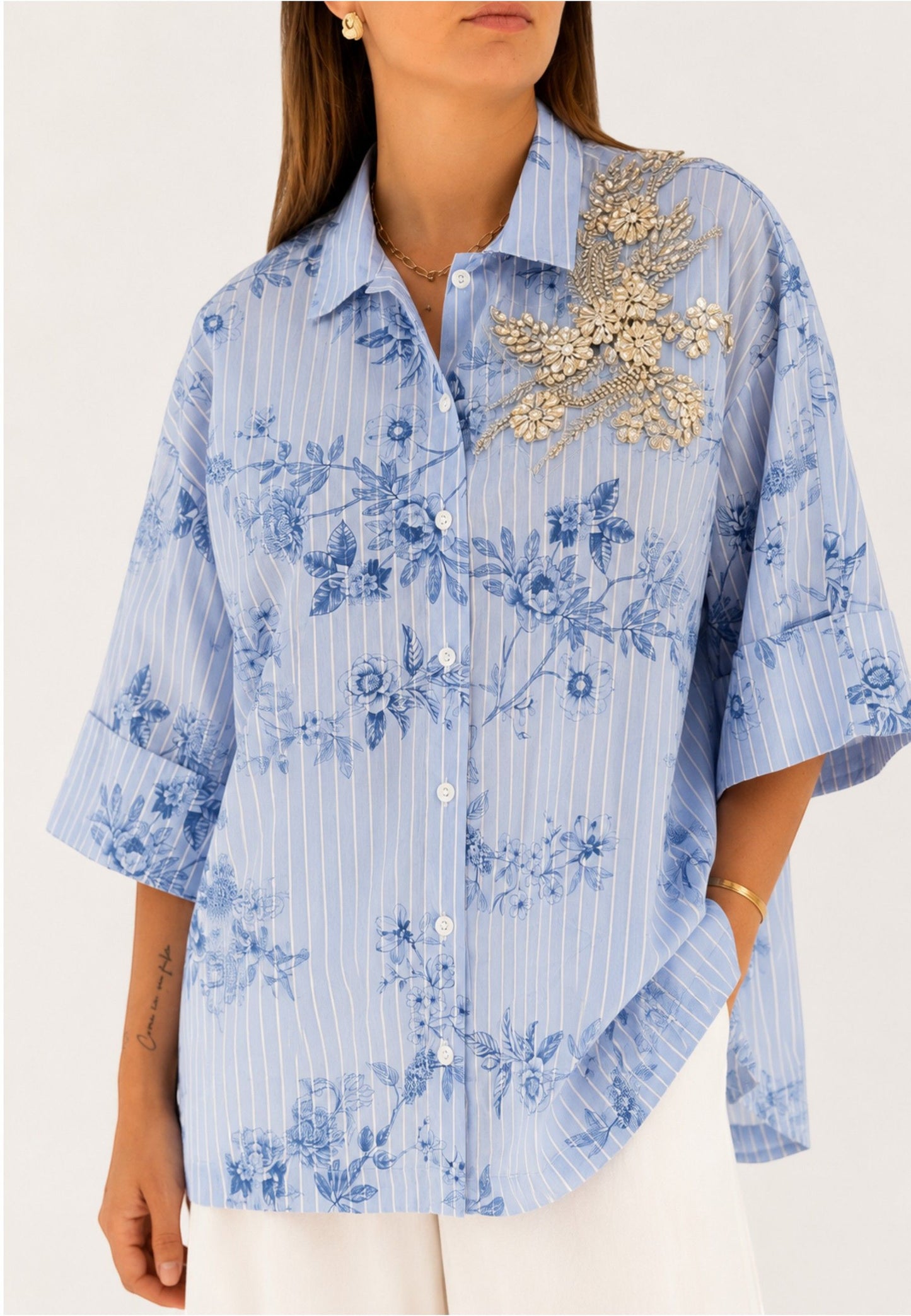 MINERVA - Camicia Floral Stripes Con Ricamo Gioiello Azzurro