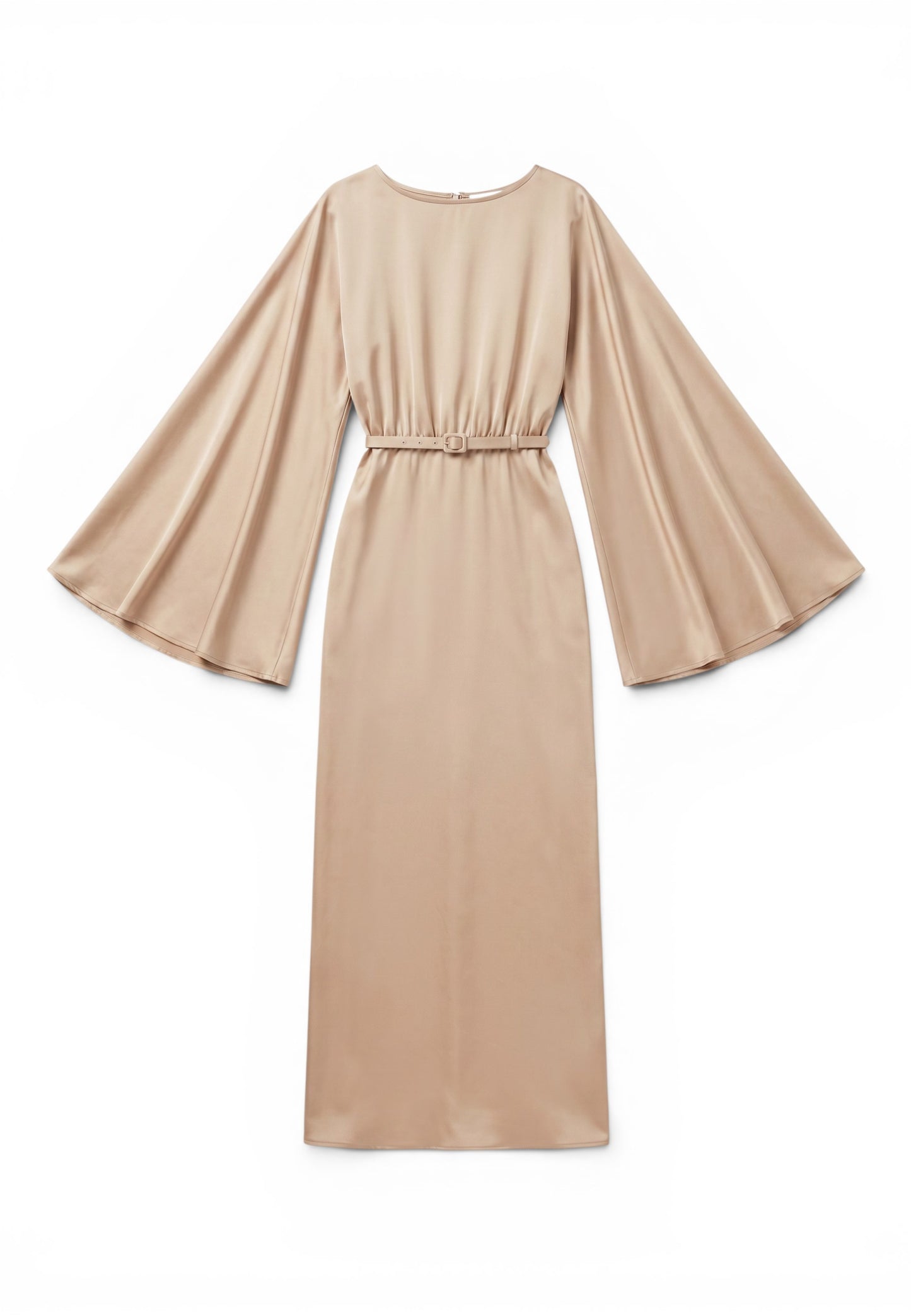 MINERVA - Abito Lungo in Raso con Maniche a Mantella Beige