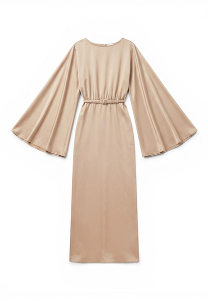 MINERVA - Abito Lungo in Raso con Maniche a Mantella Beige