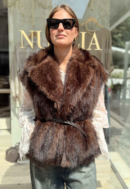 LE STREGHE - Gilet Ecopelliccia Con Cintura Moro