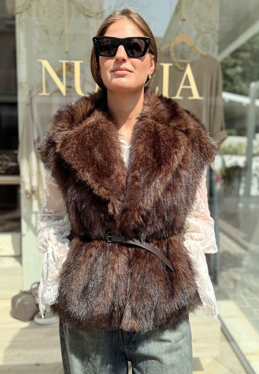 LE STREGHE - Gilet Ecopelliccia Con Cintura Moro