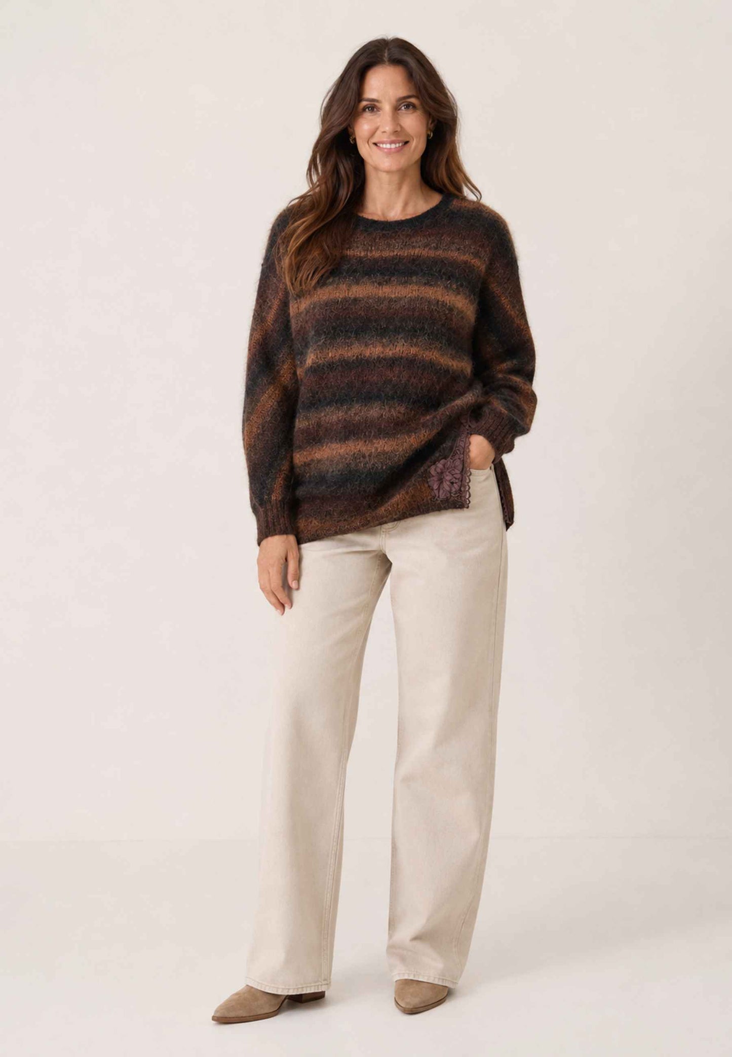 PINK MEMORIES - Maglione A Righe Con Pizzo Marrone