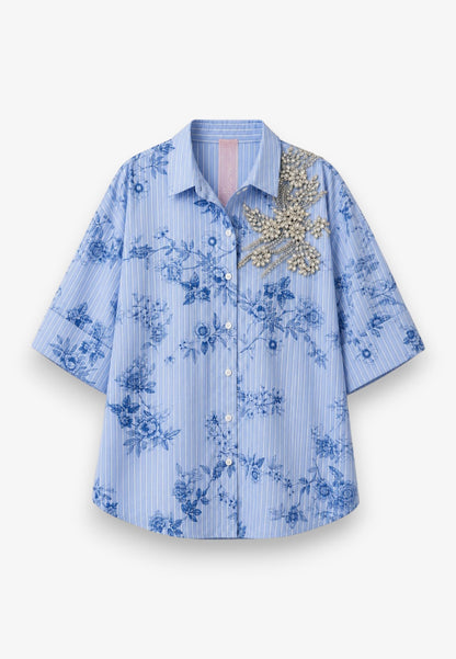 MINERVA - Camicia Floral Stripes Con Ricamo Gioiello Azzurro