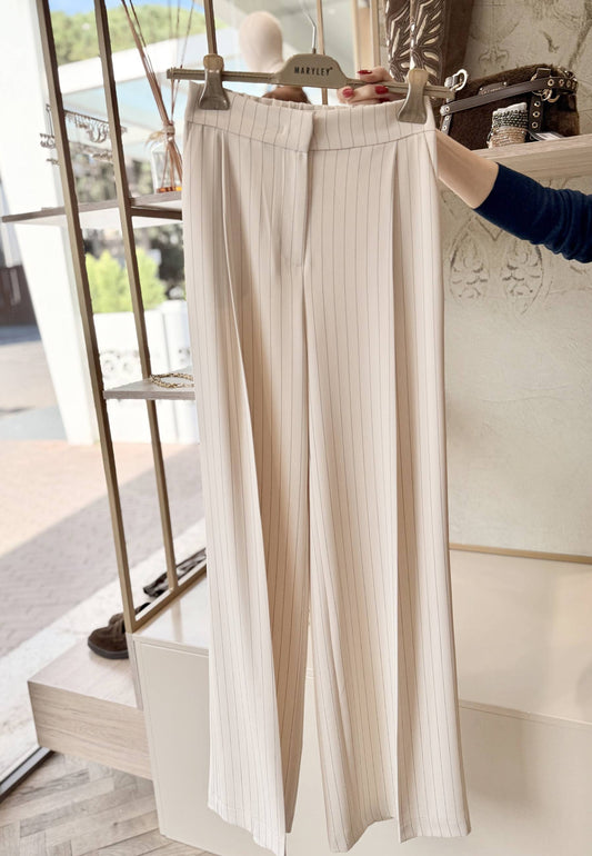 MARYLEY - Pantalone A Palazzo Gessato Beige
