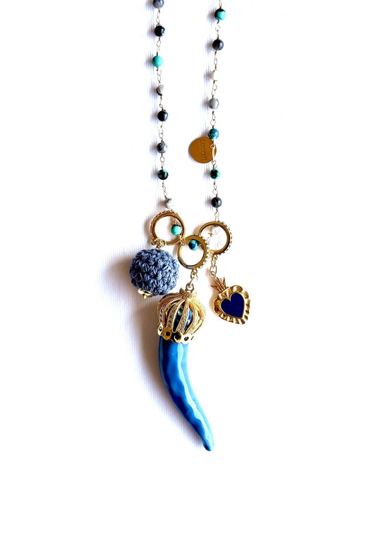 LARA11 - Collana Lunga Cornetti In Ceramica Blu