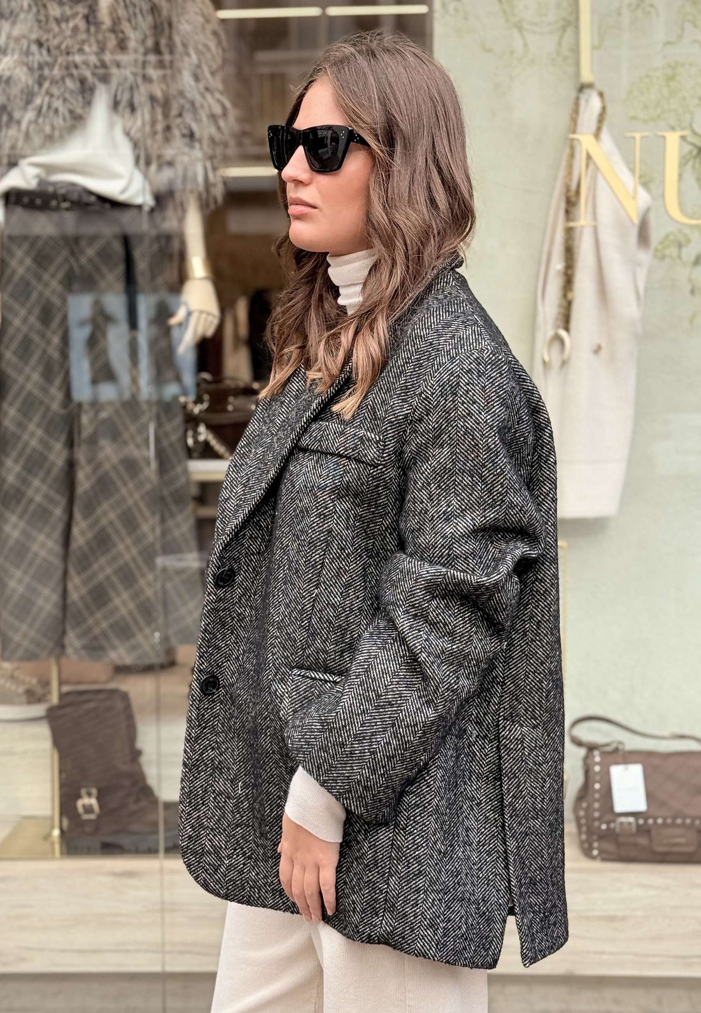 MARYLEY - Cappotto Corto Spinato Nero