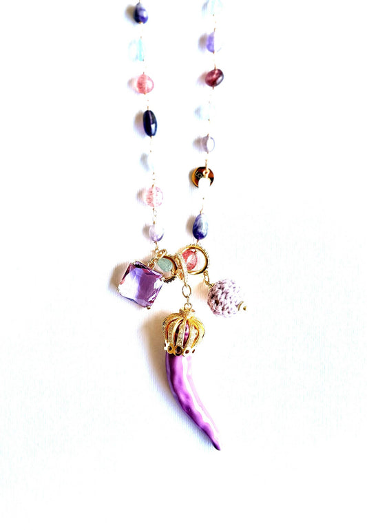 LARA11 - Collana Lunga Cornetti In Ceramica Lilla