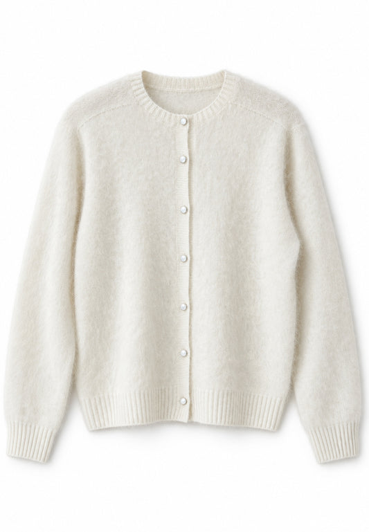 NUNZIA - Cardigan Bottone Perla Panna