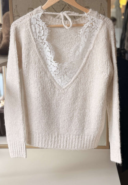 MOTEL - Maglione Scollo V Pizzo Panna