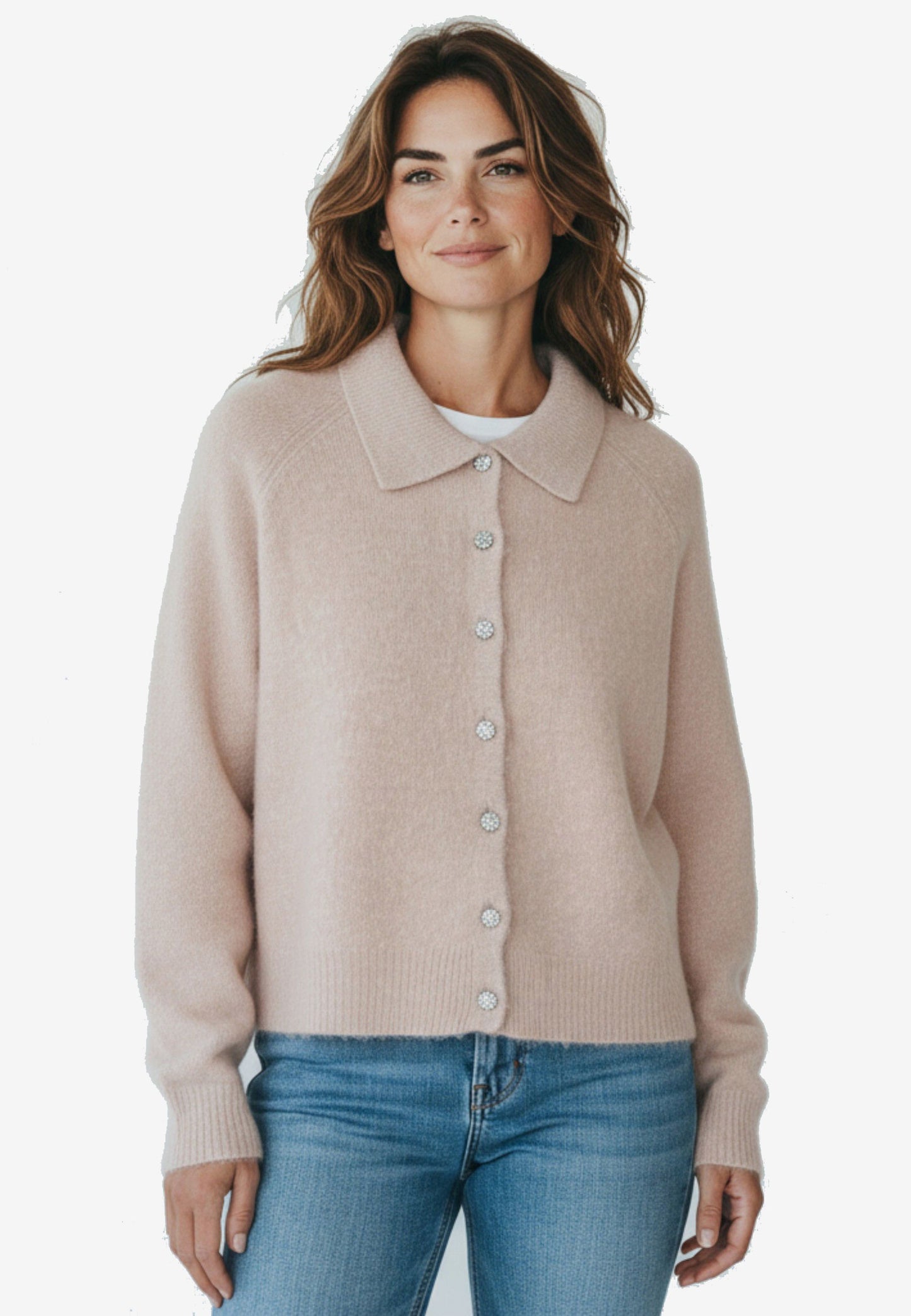 LE STREGHE - Maglia Polo Bottoni Strass Beige