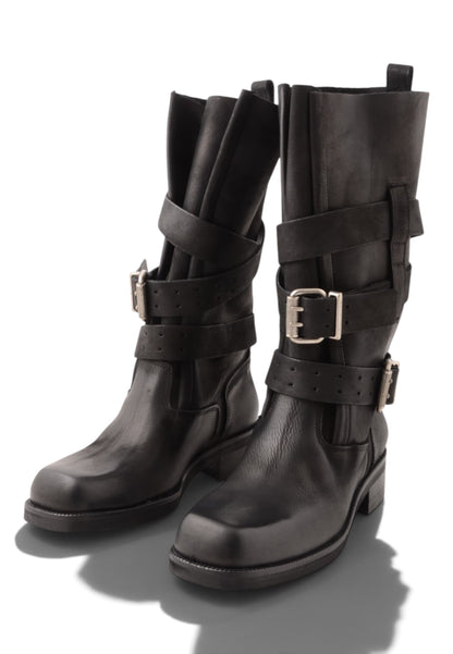DIVINE FOLLIE - Stivali Biker in Vera Pelle con Fibbie Nero