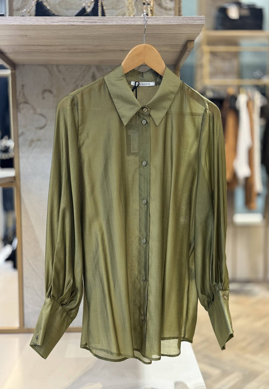 LE STREGHE - Camicia Fluida Satinata Verde Oliva