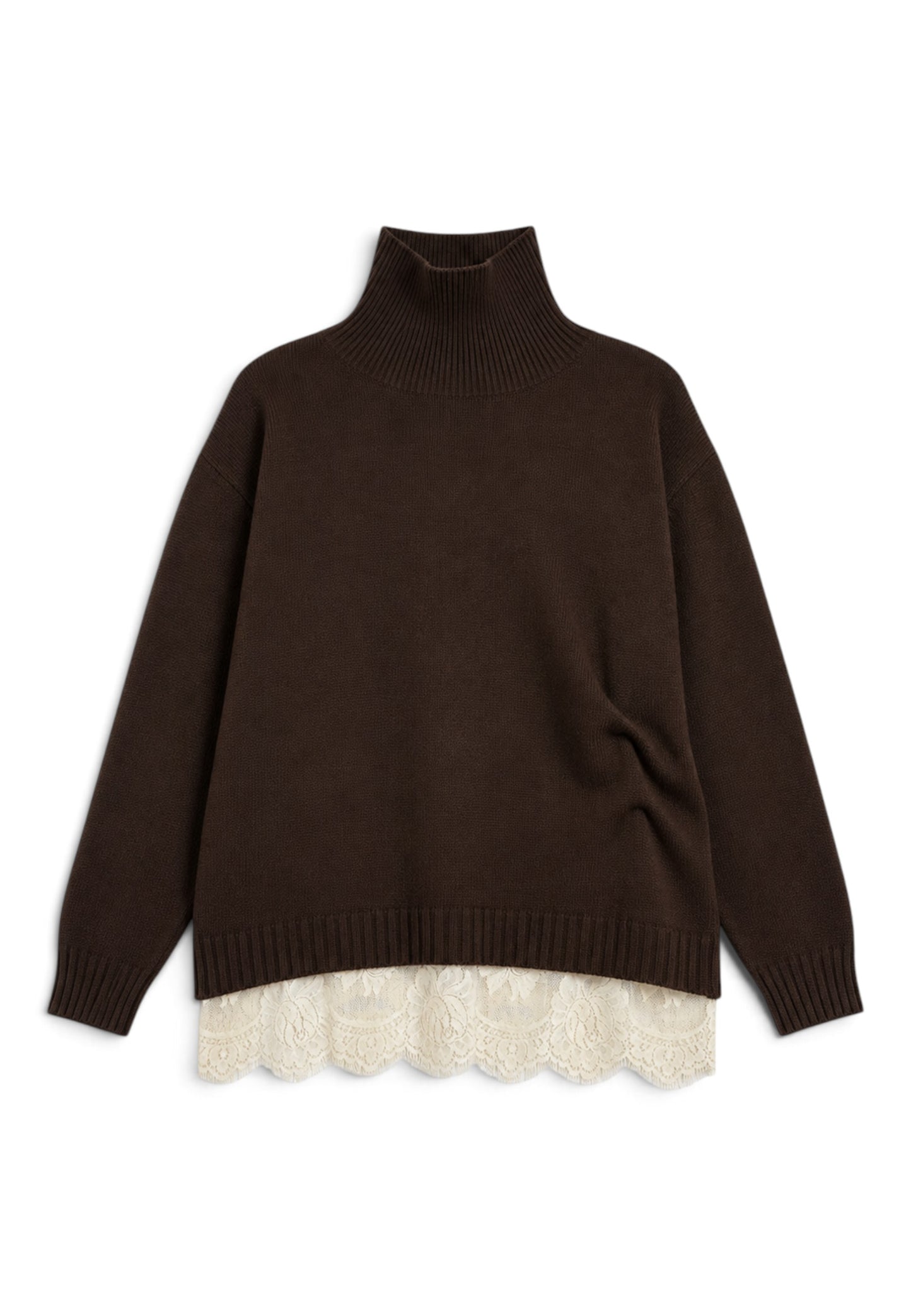 PINK MEMORIES - Maglione Dolcevita con Fondo in Pizzo Marrone