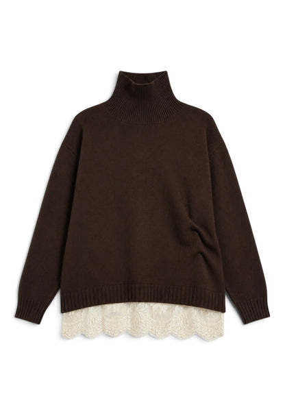 PINK MEMORIES - Maglione Dolcevita con Fondo in Pizzo Marrone