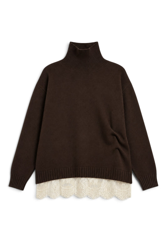 PINK MEMORIES - Maglione Dolcevita con Fondo in Pizzo Marrone