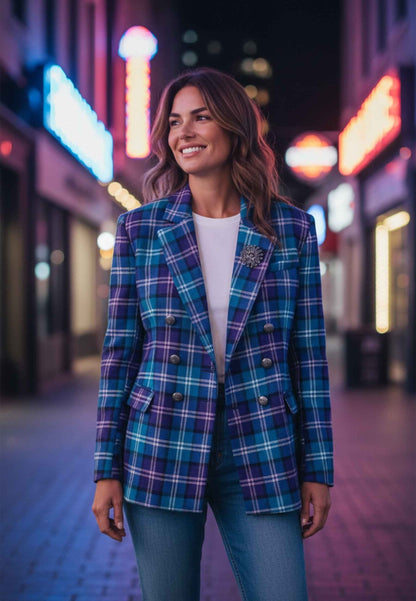 MOTEL - Blazer Check E Spilla Viola Turchese