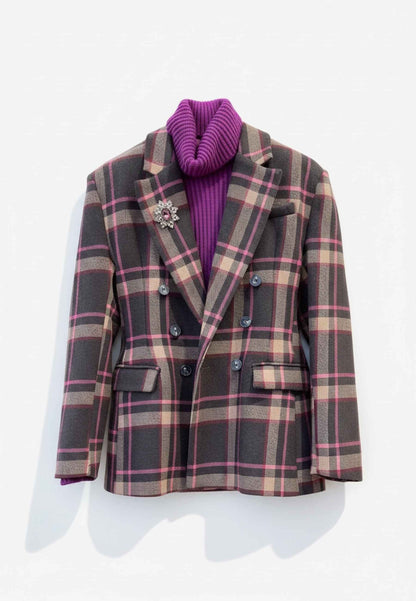 MOTEL - Blazer Check E Spilla Fuxia Marrone