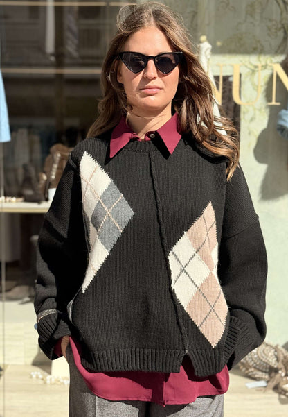 MOTEL - Pullover Rombi Girocollo Nero