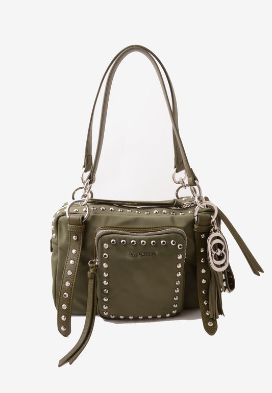 LA CARRIE - Borsa A Spalla Dark Nylon Borchie Oliva