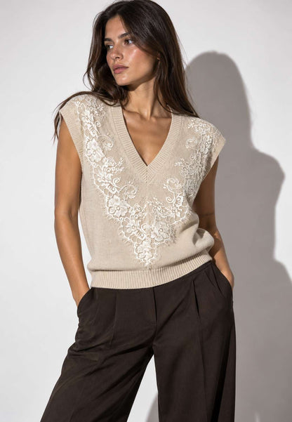 MOTEL - Gilet In Pizzo Panna