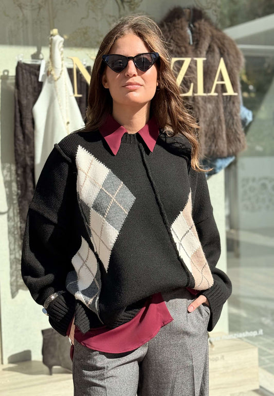 MOTEL - Pullover Rombi Girocollo Nero