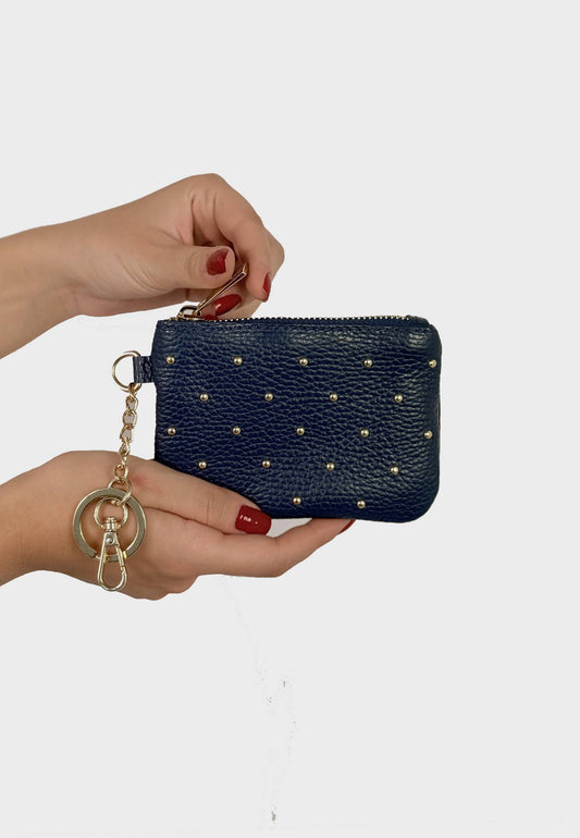 NUNZIA - Portafoglio Piccolo Borchie Oro VERA PELLE Blu Navy