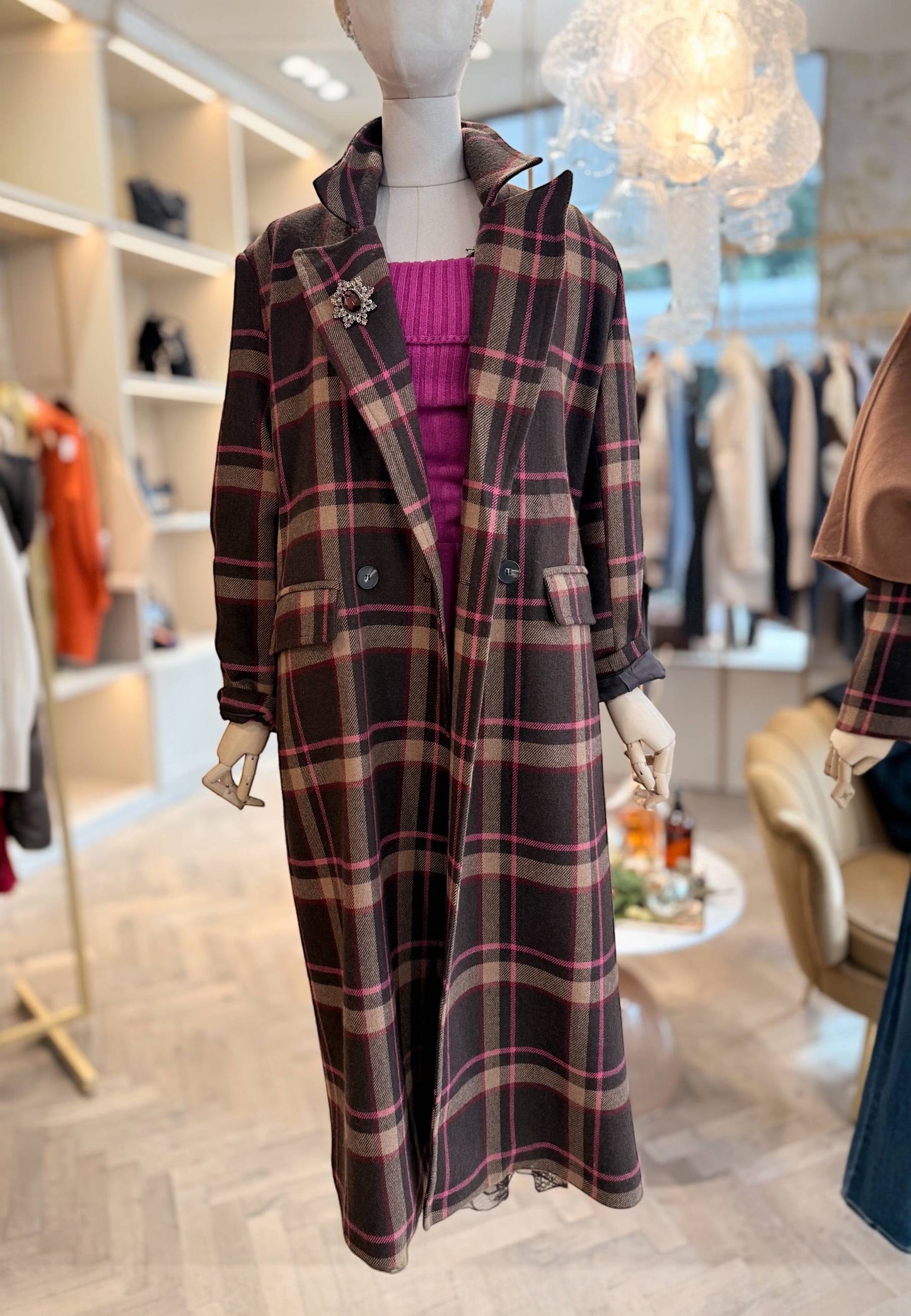 MOTEL - Cappotto Quadri Fuxia/Marrone