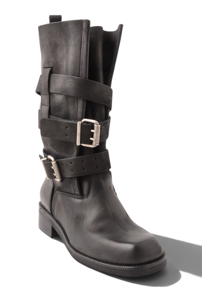 DIVINE FOLLIE - Stivali Biker in Vera Pelle con Fibbie Nero