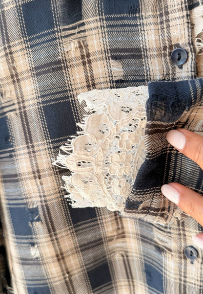 MOTEL - Camicia Corta In Check E Pizzo Blu