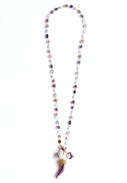 LARA11 - Collana Lunga Cornetti In Ceramica Lilla