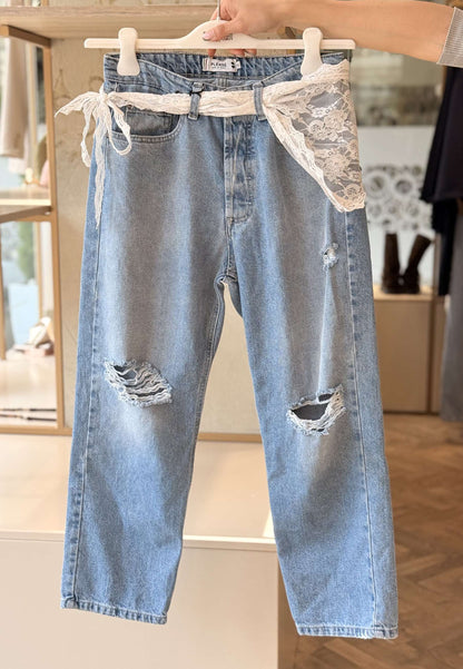 PLEASE - Jeans Strappo e Pizzo Denim
