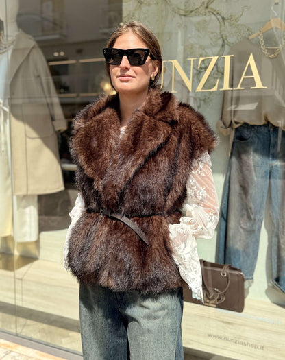 LE STREGHE - Gilet Ecopelliccia Con Cintura Moro