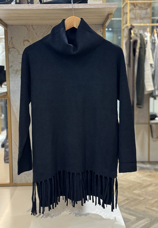 NUNZIA - Maglione Dolcevita Over Frange Nero
