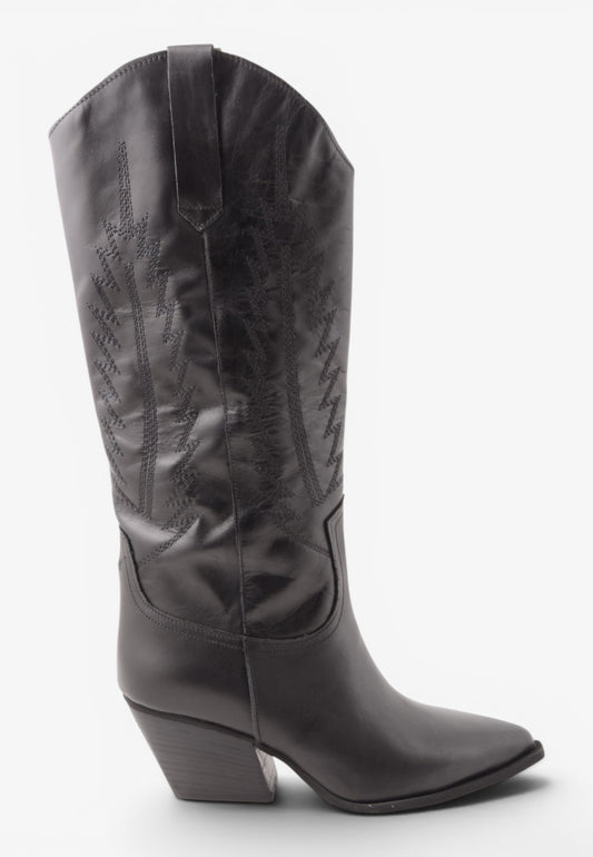 DIVINE FOLLIE - Stivale Camperos Alto in Pelle con Ricami Western Nero