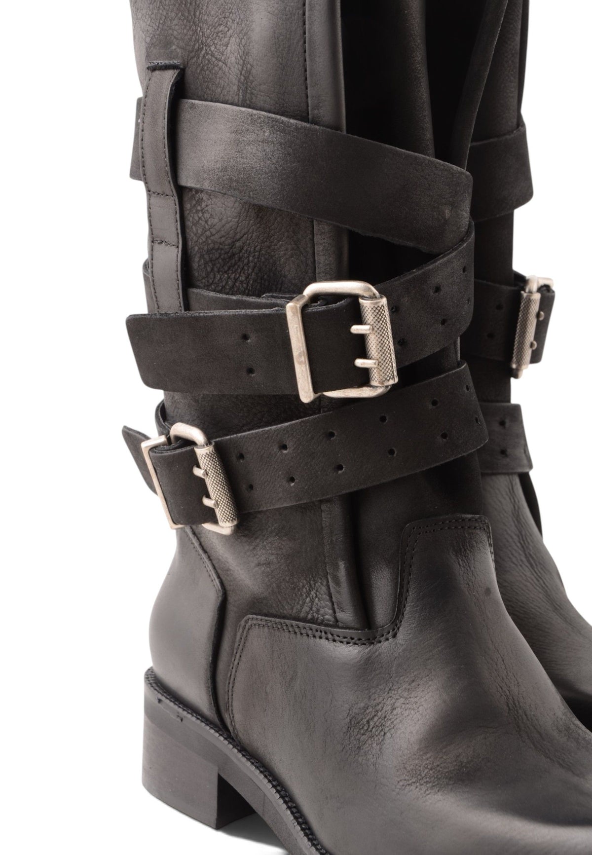 DIVINE FOLLIE - Stivali Biker in Vera Pelle con Fibbie Nero