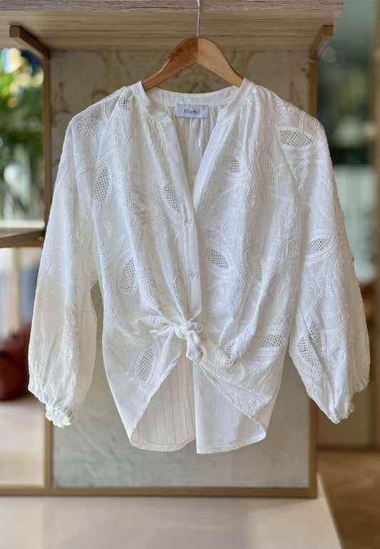 MOTEL - Camicia Righe Ricamo Bianco