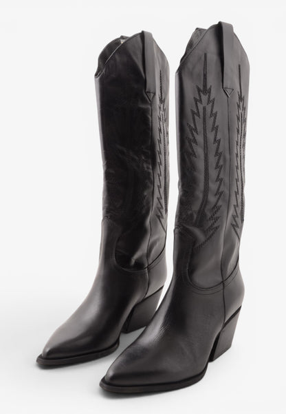 DIVINE FOLLIE - Stivale Camperos Alto in Pelle con Ricami Western Nero
