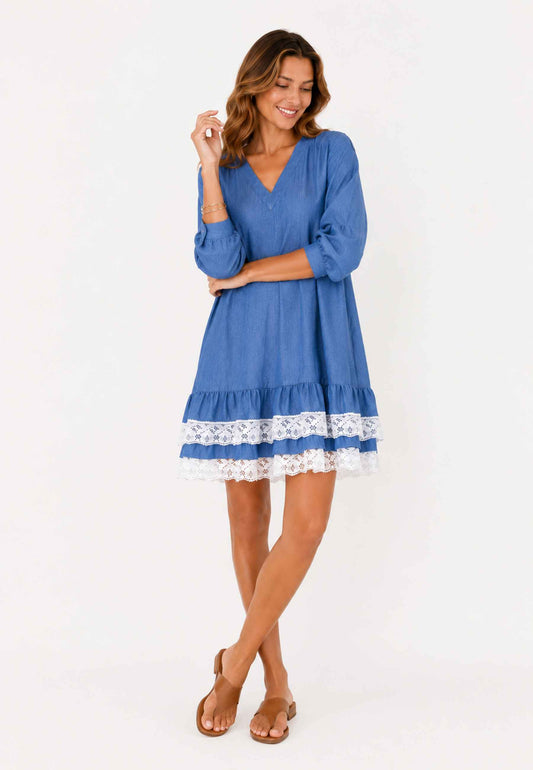 MINERVA - Abito Svasato In Chambray Con Dettagli In Pizzo