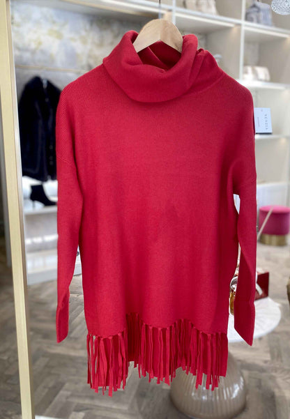 NUNZIA - Maglione Dolcevita Con Frange Rosso